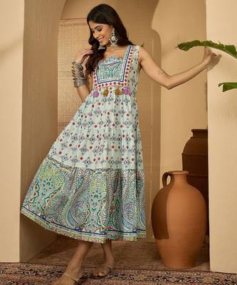 green bohemian print blended cotton sleeveless dress 5