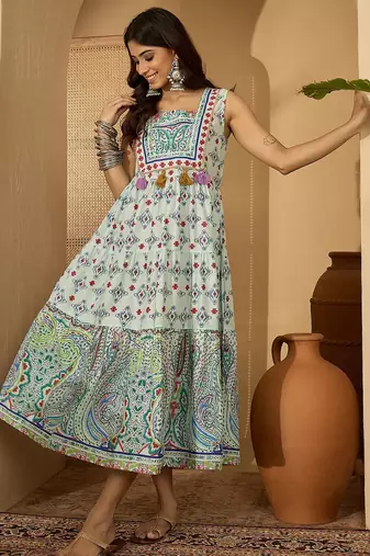 green bohemian print blended cotton sleeveless dress