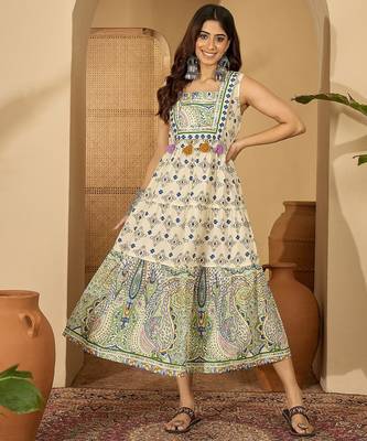 green printed blended cotton a line midi dress 1