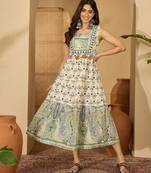green printed blended cotton a line midi dress