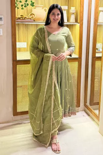 Green vichitra silk  party wear embroidery anarkali   suit set