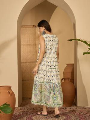 green printed blended cotton a line midi dress 2