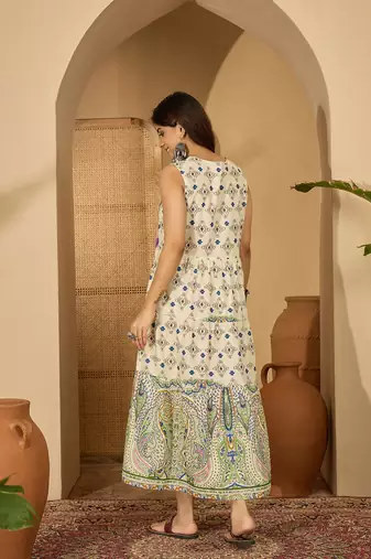 green printed blended cotton a line midi dress