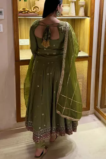 Green vichitra silk  party wear embroidery anarkali   suit set