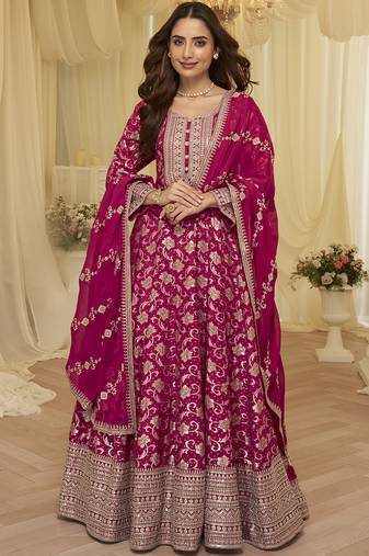 Pink embroidered viscos jacquard silk anarkali suit