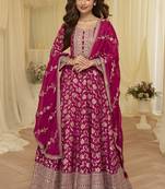 Pink embroidered viscos jacquard silk anarkali suit
