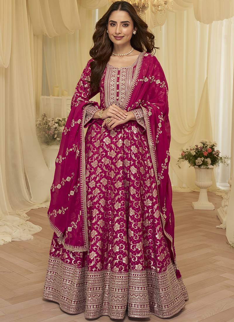 Pink embroidered viscos jacquard silk anarkali suit