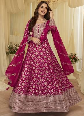 pink embroidered viscose silk anarkali suit 2