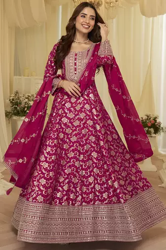 pink embroidered viscose silk anarkali suit