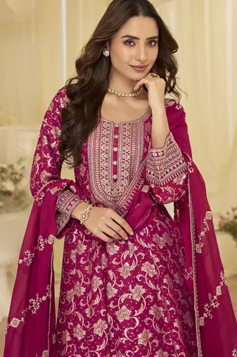 pink embroidered viscose silk anarkali suit