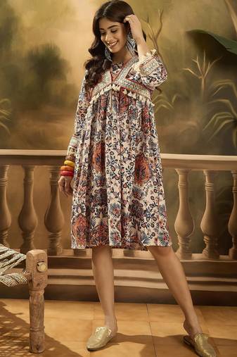 beige boho print blended cotton a line knee dress
