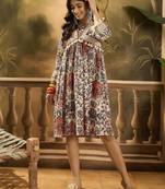beige boho print blended cotton a line knee dress