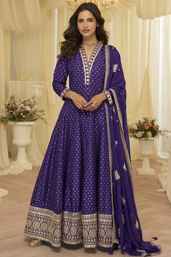 Purple embroidered viscos jacquard silk anarkali suit