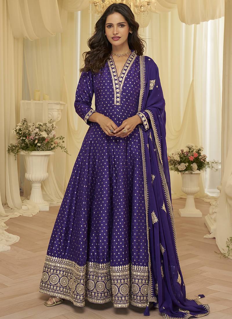 Purple embroidered viscos jacquard silk anarkali suit
