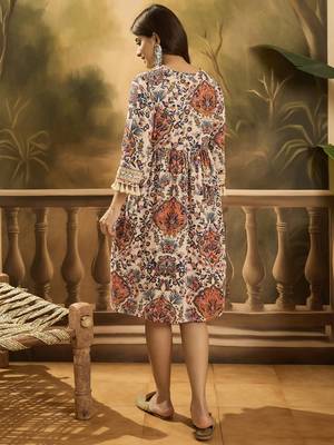 beige boho print blended cotton a line knee dress 3