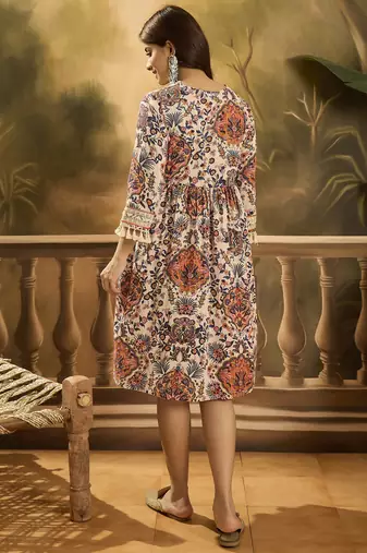 beige boho print blended cotton a line knee dress