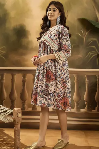 beige boho print blended cotton a line knee dress