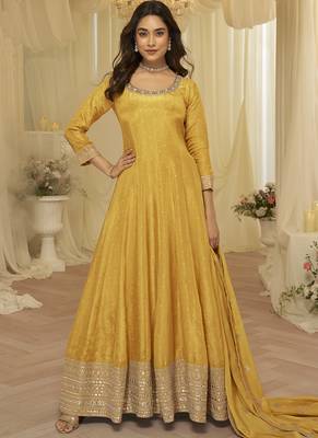 light yellow embroidered viscose silk anarkali 1