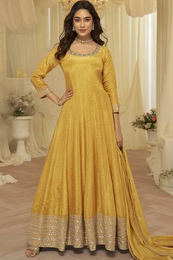 Light-yellow embroidered viscos jacquard silk anarkali suit