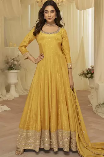 Light-yellow embroidered viscos jacquard silk anarkali suit