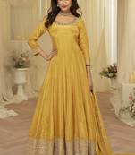 light yellow embroidered viscose silk anarkali