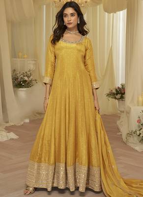 light yellow embroidered viscose silk anarkali 2