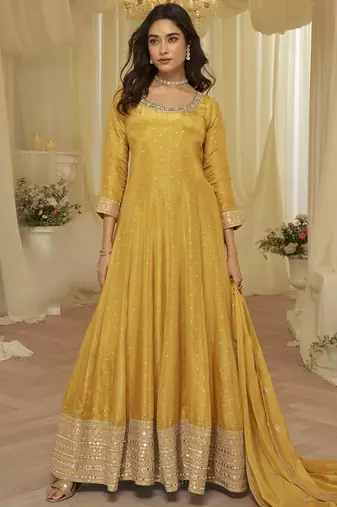 light yellow embroidered viscose silk anarkali