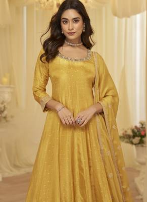 light yellow embroidered viscose silk anarkali 3