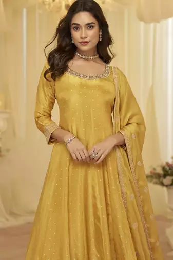 light yellow embroidered viscose silk anarkali