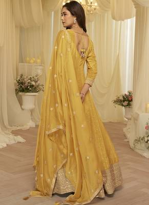 light yellow embroidered viscose silk anarkali 4