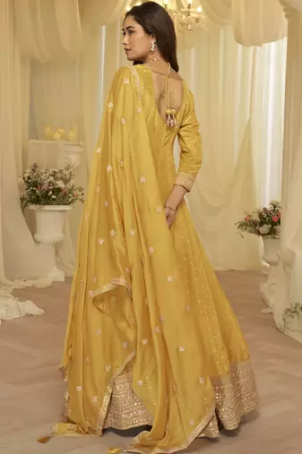 light yellow embroidered viscose silk anarkali