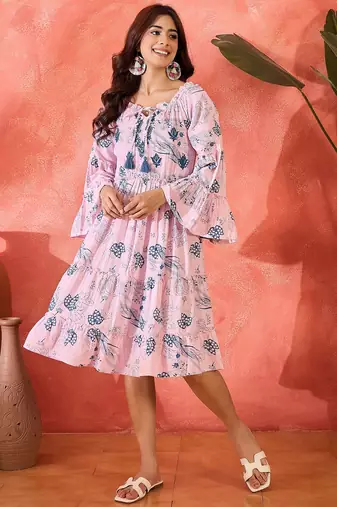 Daylist women floral printed & embroiderd cotton slub tie-up neck flared sleeve fit & flare dress