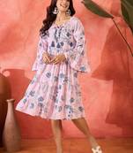 pink floral printed blended cotton midi dress