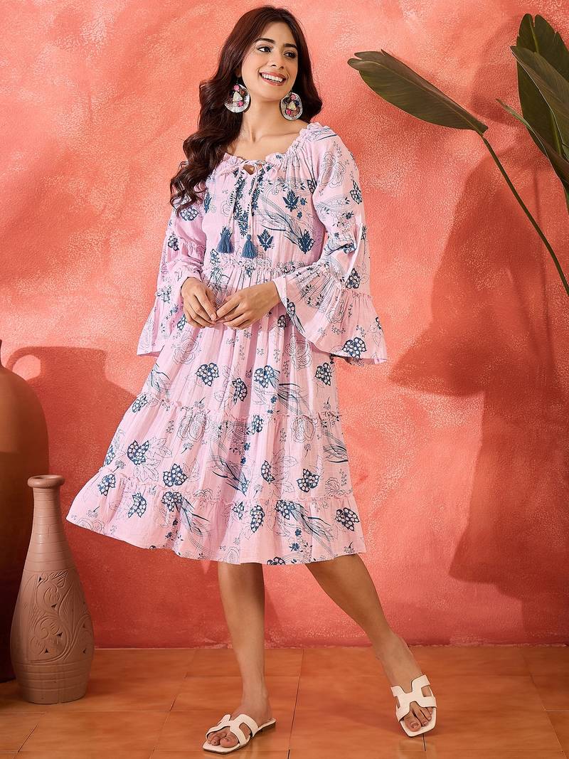 Daylist women floral printed & embroiderd cotton slub tie-up neck flared sleeve fit & flare dress