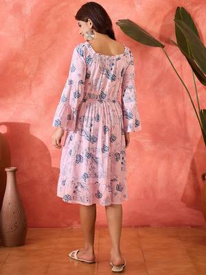 pink floral printed blended cotton midi dress 3