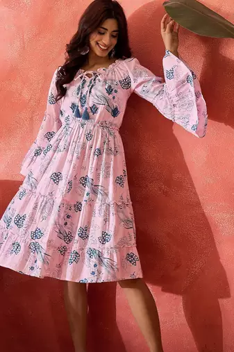 pink floral printed blended cotton midi dress