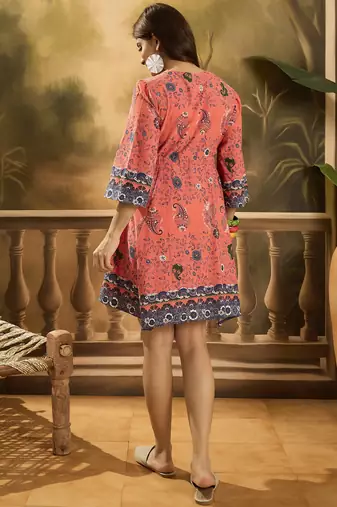 red paisley printed blended cotton mini dress