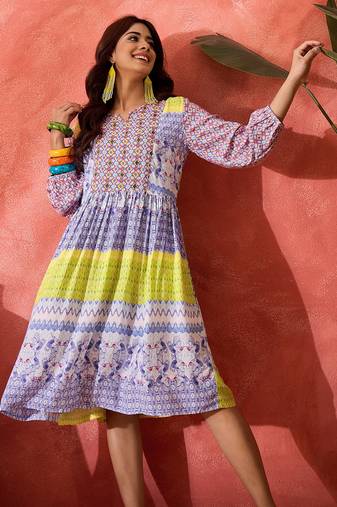 Daylist floral printed & embroiderd gathered or pleated cotton  modal a-line midi dress