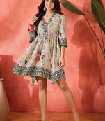 grey paisley printed blended cotton mini dress