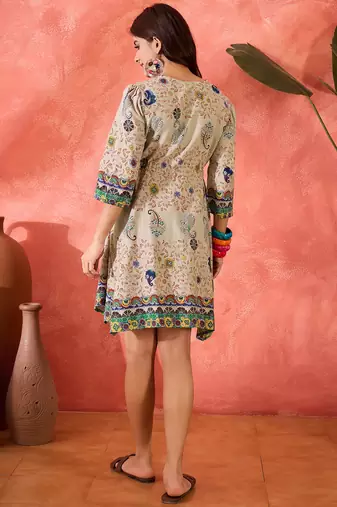 grey paisley printed blended cotton mini dress