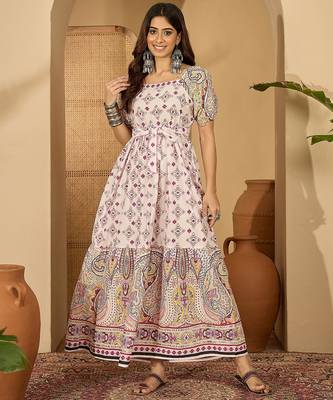 beige paisley printed blended cotton midi dress 2