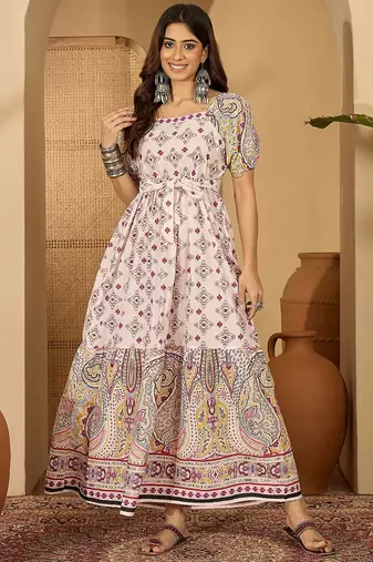 beige paisley printed blended cotton midi dress