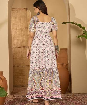 beige paisley printed blended cotton midi dress 3