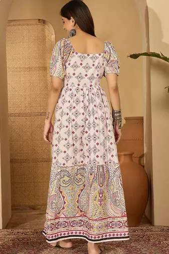 beige paisley printed blended cotton midi dress