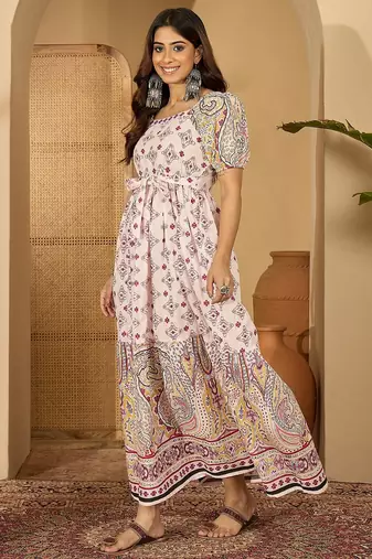 beige paisley printed blended cotton midi dress