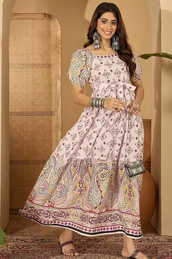 beige paisley printed blended cotton midi dress