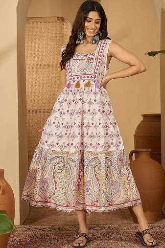 beige print work blended cotton midi dress