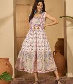 beige print work blended cotton midi dress