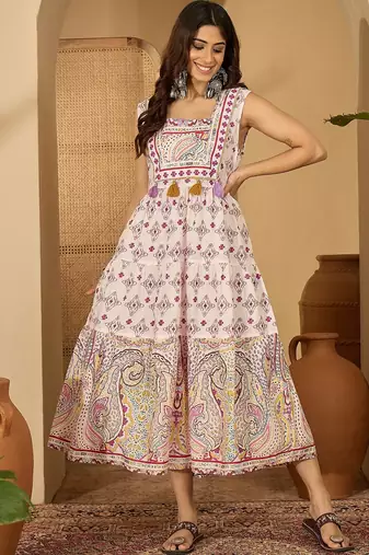 beige print work blended cotton midi dress