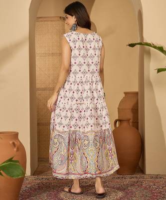 beige print work blended cotton midi dress 3